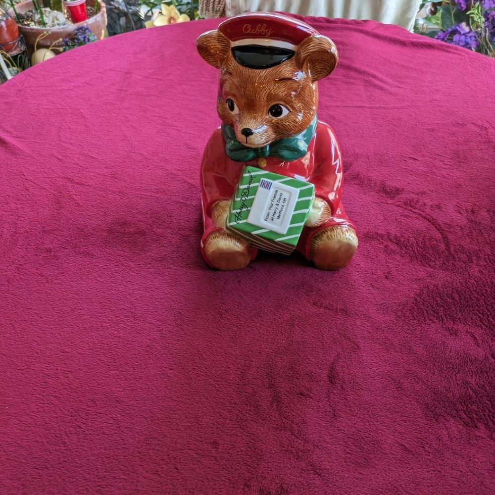 Harry & David red/multi cookie jar, chubby bear The Postman Ltd edition